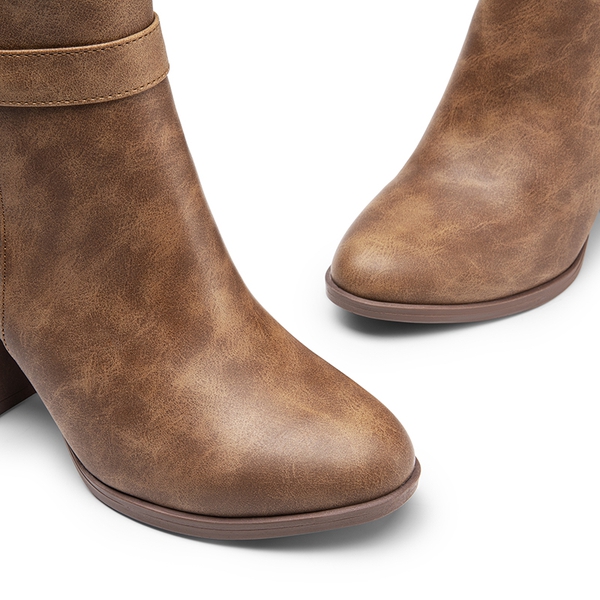 Vegan Leather Chunky Heel Ankle Boots - TAN-PU - 5