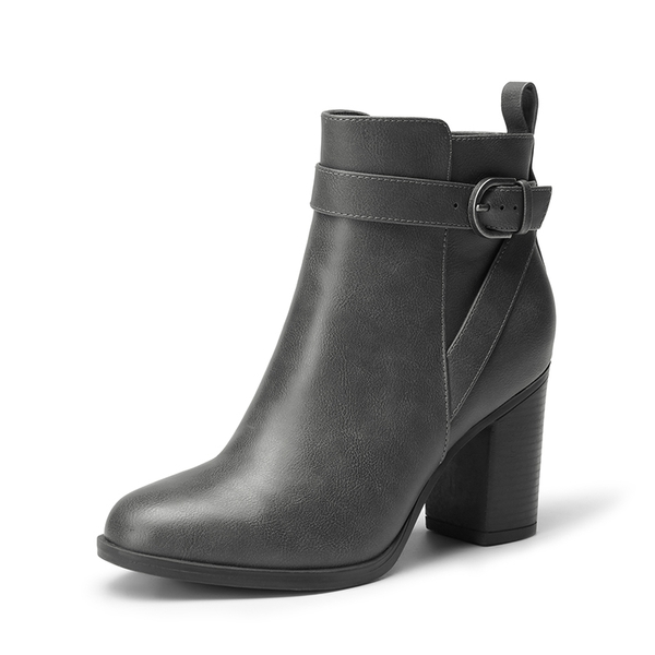 Vegan Leather Chunky Heel Ankle Boots - GREY-PU -  0