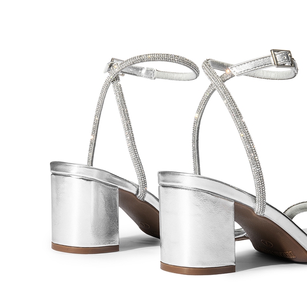Asymmetric Strap Block Heel Sandals - SILVER-RHINESTONE - 4