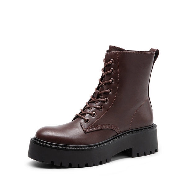 Chunky Non-Slip Combat Ankle Boots - DARK BROWN-PU -  0