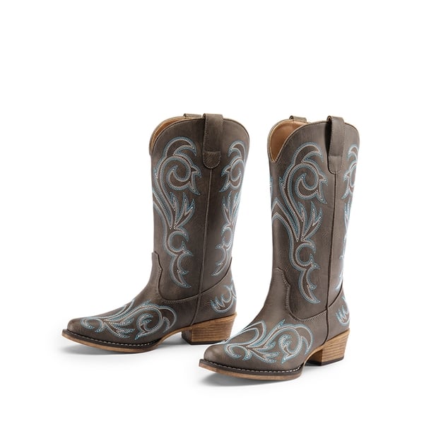 Square-toe Mid-Calf Cowgirl Boots - BROWN - 5