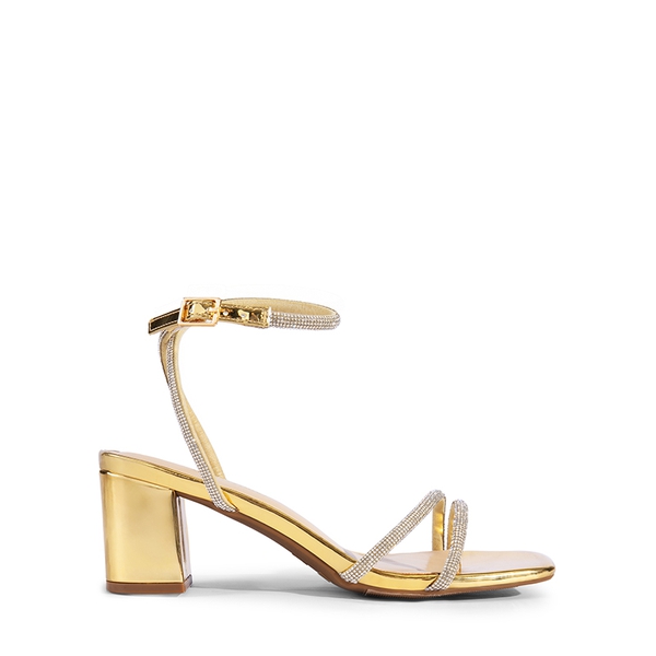 Asymmetric Strap Block Heel Sandals - GOLD-RHINESTONE - 3