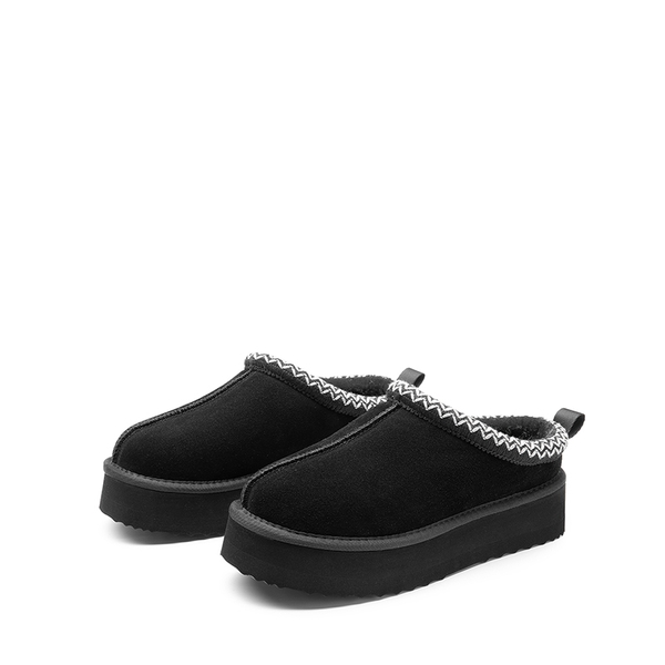 [FuzzyEasy Women's Platform Slip-on] Plush Fur-Lined Winter Platform Slippers - BLACK - 7
