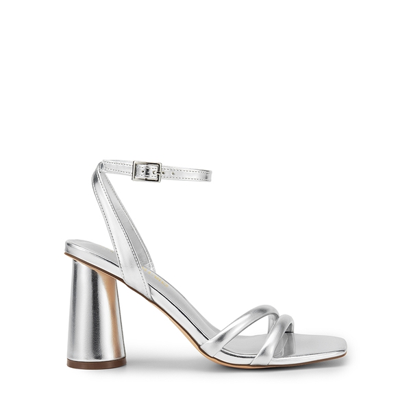 Cylindrical Ankle-Strap Heel Sandals - SILVER-PU - 3