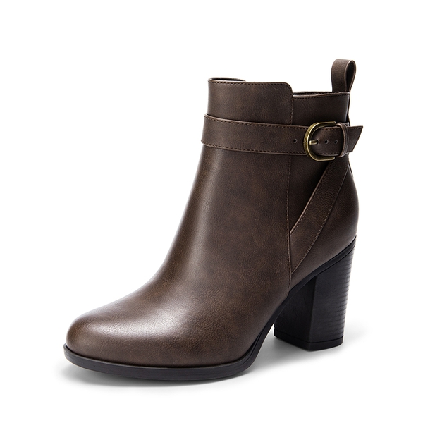 Vegan Leather Chunky Heel Ankle Boots - BROWN-PU -  0