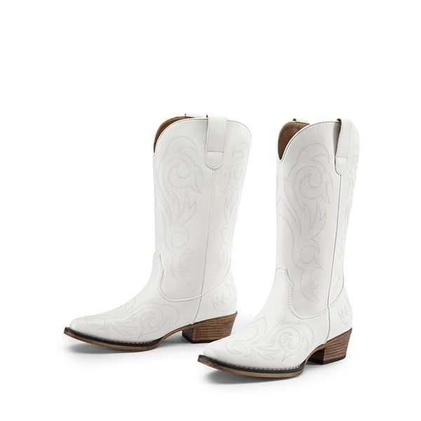 Square-toe Mid-Calf Cowgirl Boots - WHITE - 5