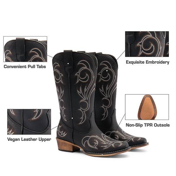 Square-toe Mid-Calf Cowgirl Boots - BLACK - 7