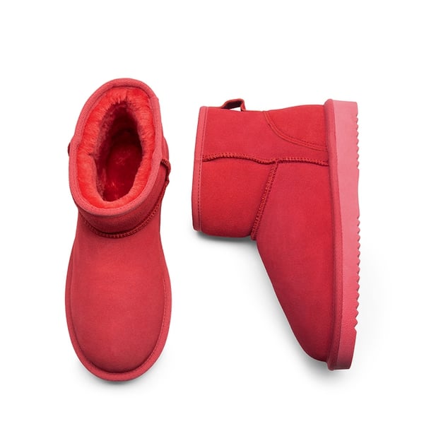 [FuzzyClassic Il Low Boot] Suede Slip-On Snow Ankle Boots - RED - 6