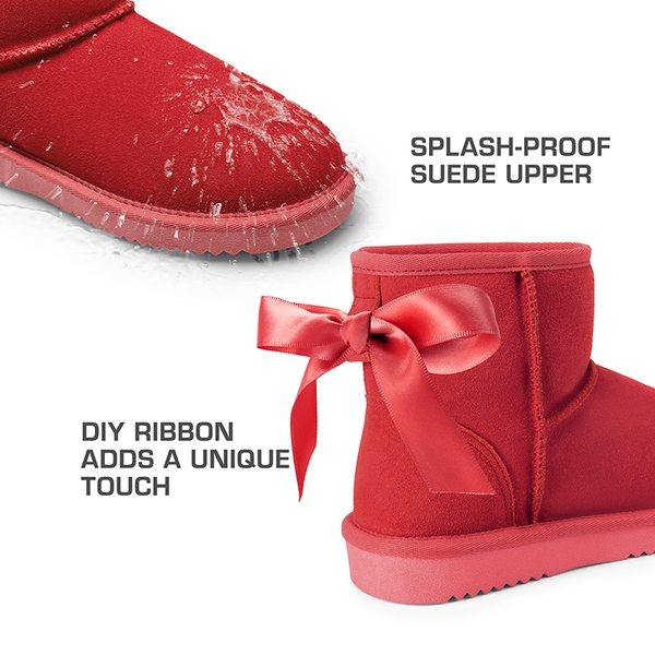 [FuzzyClassic Il Low Boot] Suede Slip-On Snow Ankle Boots - RED - 4