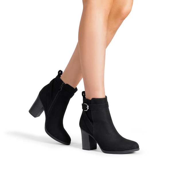 Vegan Leather Chunky Heel Ankle Boots - BLACK-SUEDE - 2