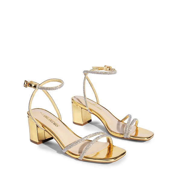 Asymmetric Strap Block Heel Sandals - GOLD-RHINESTONE - 7