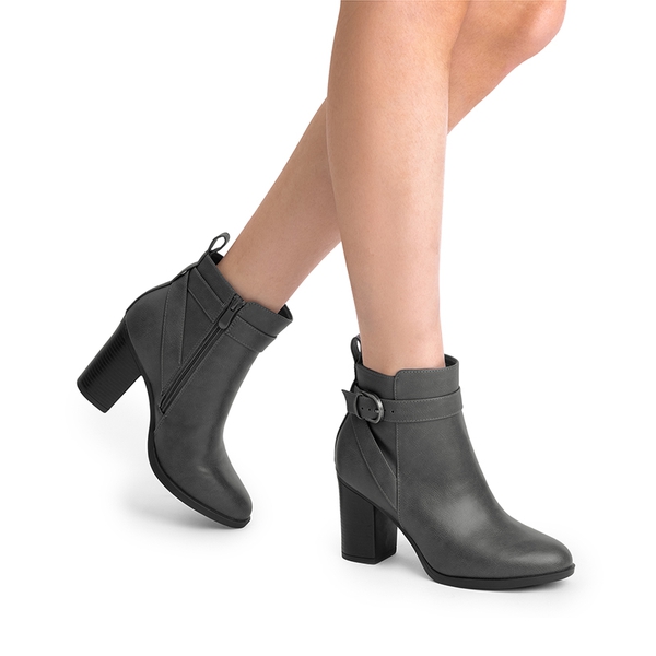 Vegan Leather Chunky Heel Ankle Boots - GREY-PU - 2