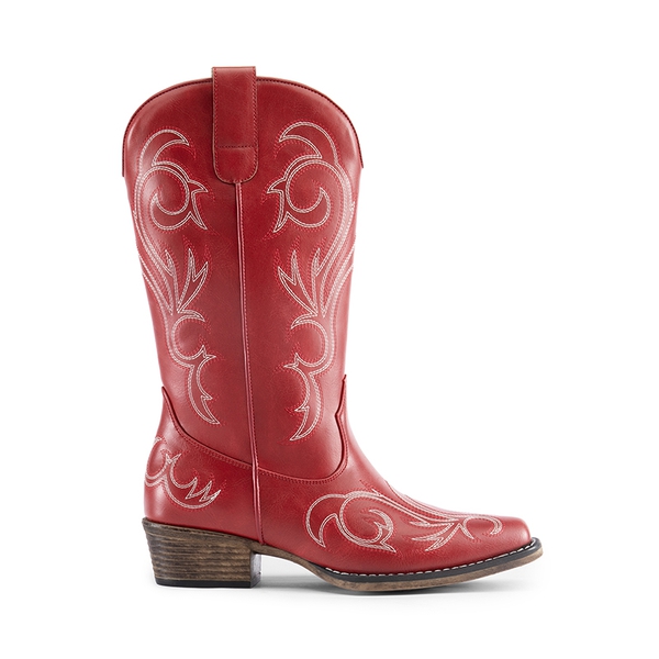 Square-toe Mid-Calf Cowgirl Boots - RED - 3