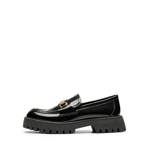 Metallic Vegan Leather Slip-on Loafers - BLACK-PAT - 3