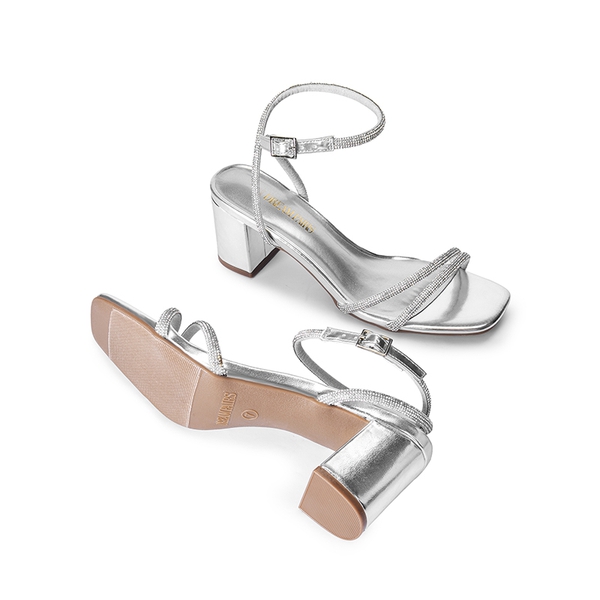 Asymmetric Strap Block Heel Sandals - SILVER-RHINESTONE - 5