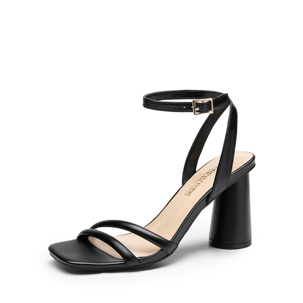 Cylindrical Ankle-Strap Heel Sandals - BLACK-PU -  0