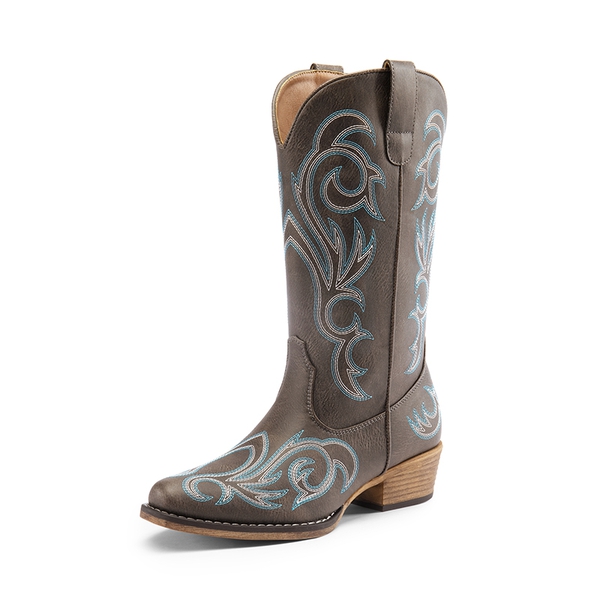 Square-toe Mid-Calf Cowgirl Boots - BROWN -  0