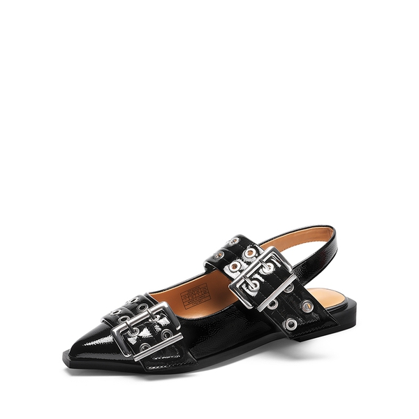 Pointed-toe Buckle Slingback Flats - BLACK -  0