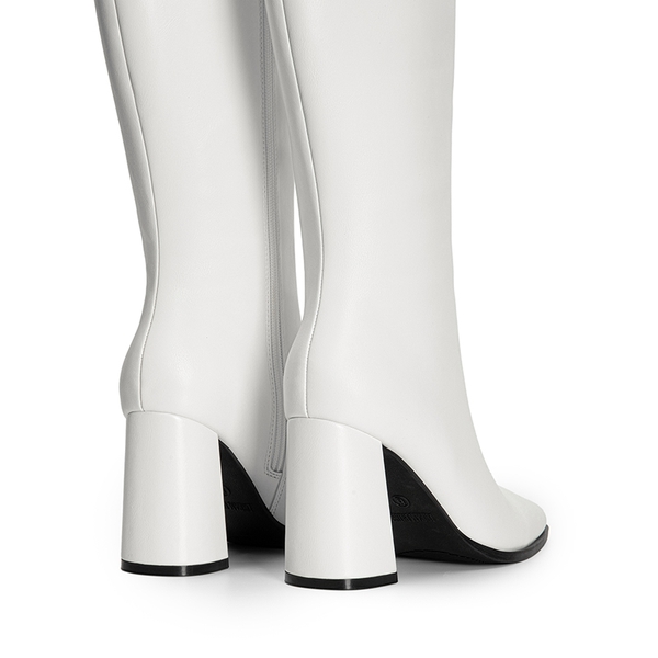 Square Toe Block Heel Knee-high Boots - WHITE-PU - 5