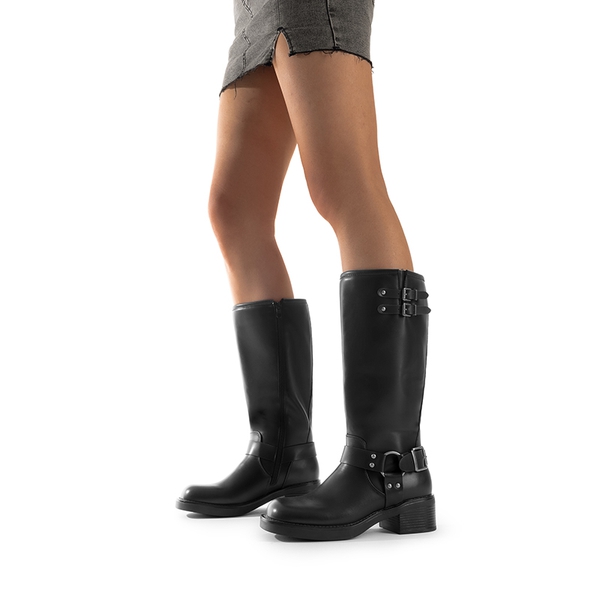 Women’s Adjustable Strap Moto Boots - BLACK-PU - 5
