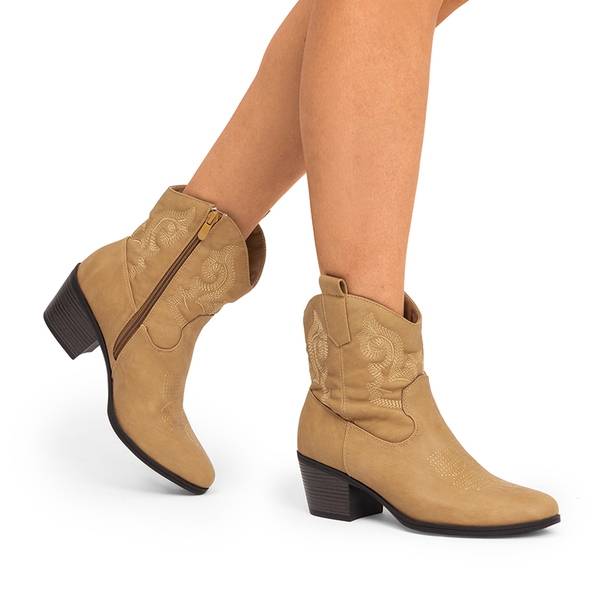 Embroidered Low Heel Cowgirl Ankle Boots - TAN - 1