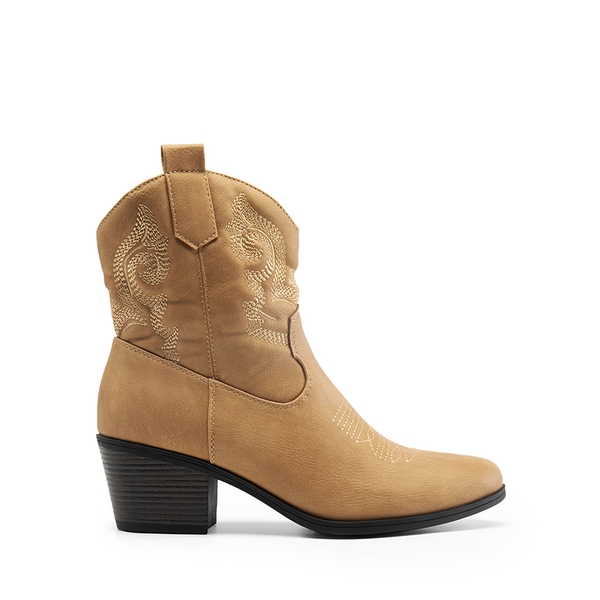 Embroidered Low Heel Cowgirl Ankle Boots - TAN - 3