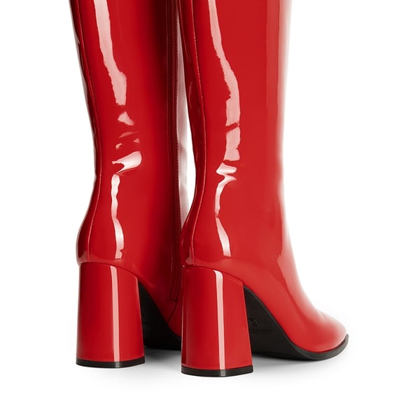 Square Toe Block Heel Knee-high Boots - RED-PAT - 5
