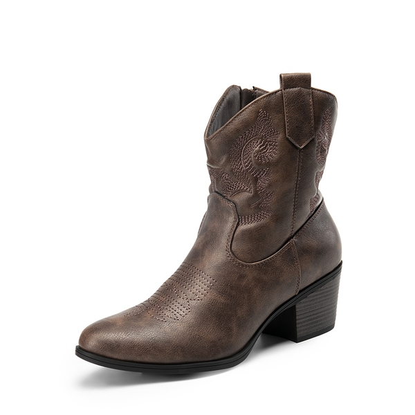 Embroidered Low Heel Cowgirl Ankle Boots - BROWN -  0
