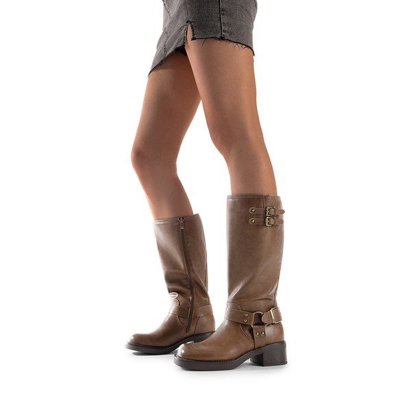 Women’s Adjustable Strap Moto Boots - TAN-PU - 5