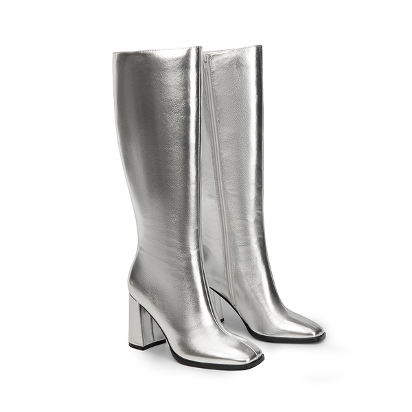 Square Toe Block Heel Knee-high Boots - SILVER-METAL - 4