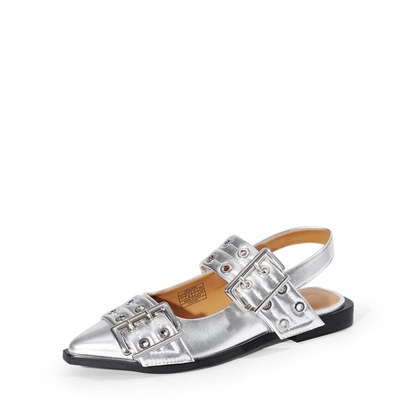 Pointed-toe Buckle Slingback Flats - SILVER -  0