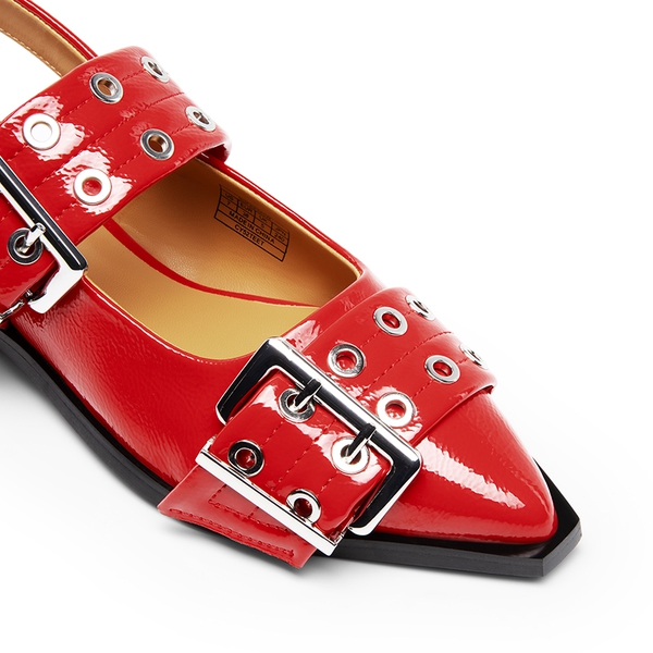Pointed-toe Buckle Slingback Flats - RED - 4