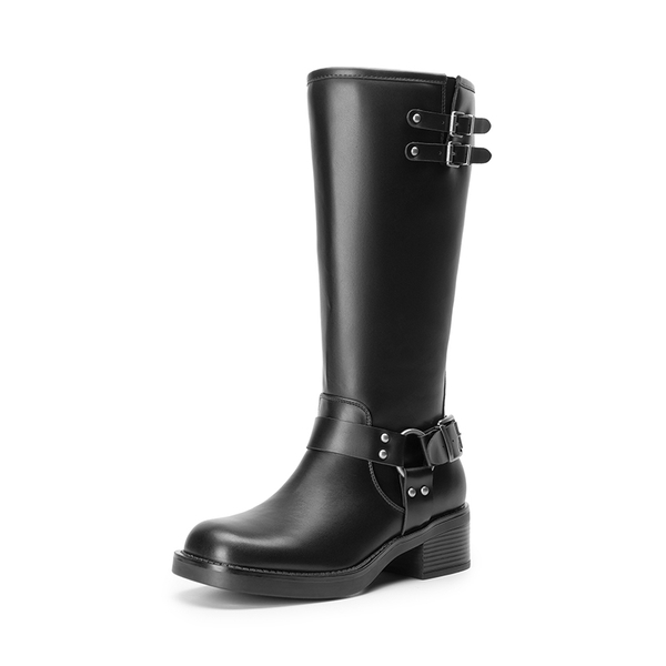 Women’s Adjustable Strap Moto Boots - BLACK-PU -  0
