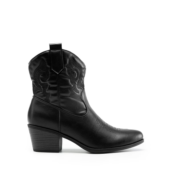 Embroidered Low Heel Cowgirl Ankle Boots - BLACK - 3