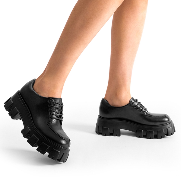 Versatile Lace-up Platform Oxfords - BLACK-PU - 2