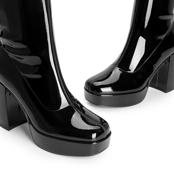 Y2K Square Toe Platform Mid-calf Boots - BLACK-PAT - 5