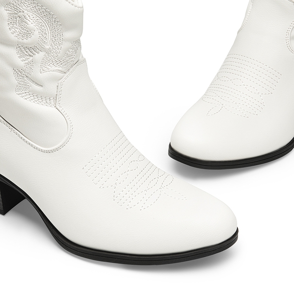 Embroidered Low Heel Cowgirl Ankle Boots - WHITE - 5