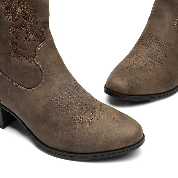 Embroidered Low Heel Cowgirl Ankle Boots - CAMEL - 5