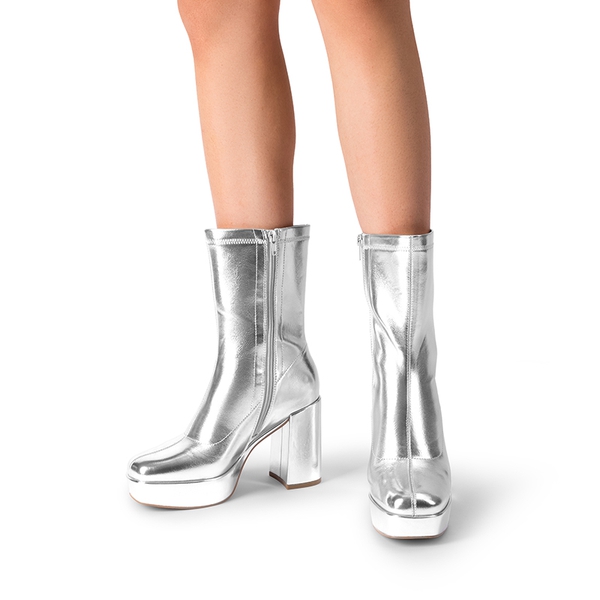 Y2K Square Toe Platform Mid-calf Boots - METALLIC SILVER - 1