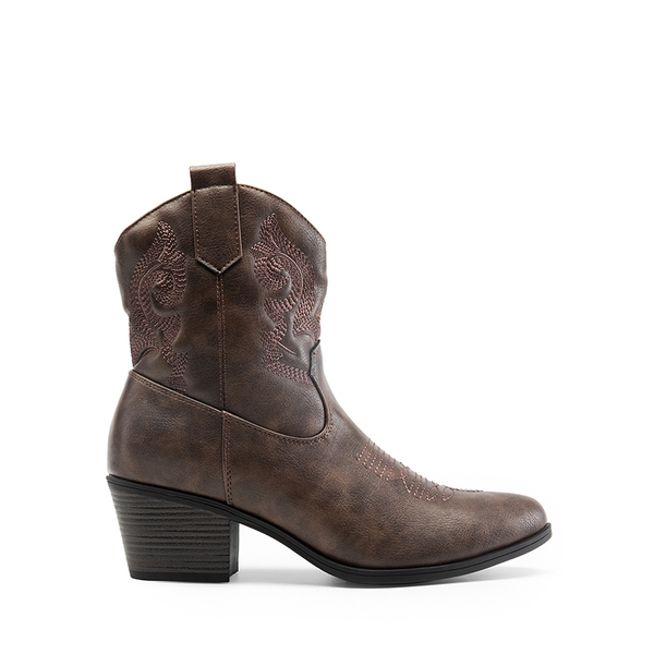 Embroidered Low Heel Cowgirl Ankle Boots - BROWN - 3