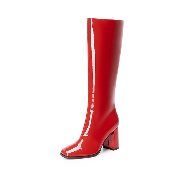 Square Toe Block Heel Knee-high Boots - RED-PAT -  0