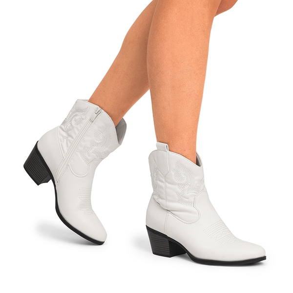 Embroidered Low Heel Cowgirl Ankle Boots - WHITE - 1
