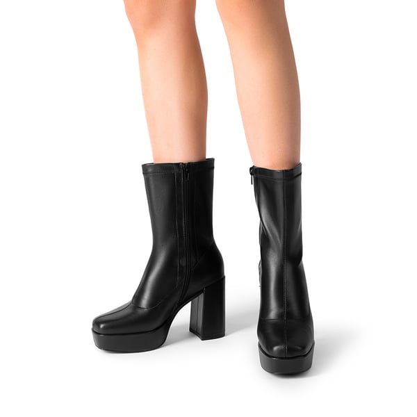 Y2K Square Toe Platform Mid-calf Boots - BLACK-PU - 1