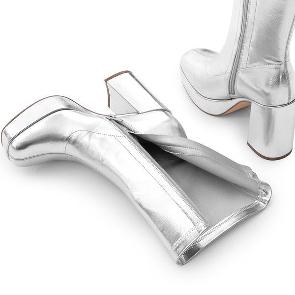 Y2K Square Toe Platform Mid-calf Boots - METALLIC SILVER - 6