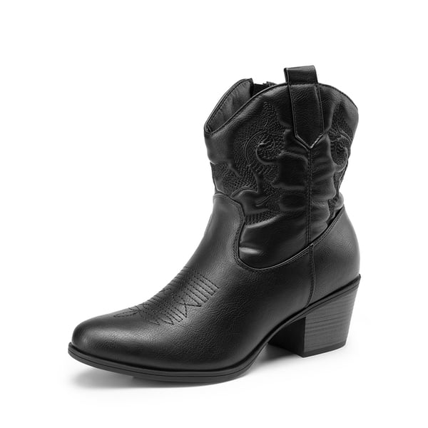 Embroidered Low Heel Cowgirl Ankle Boots - BLACK -  0