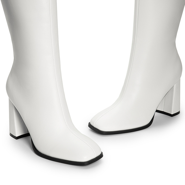 Square Toe Block Heel Knee-high Boots - WHITE-PU - 6