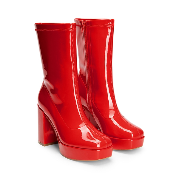 Y2K Square Toe Platform Mid-calf Boots - RED-PAT - 7