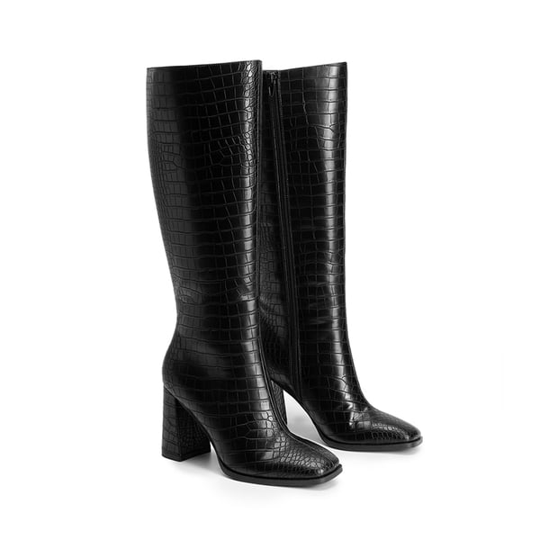 Square Toe Block Heel Knee-high Boots - BLACK-CROCO - 4