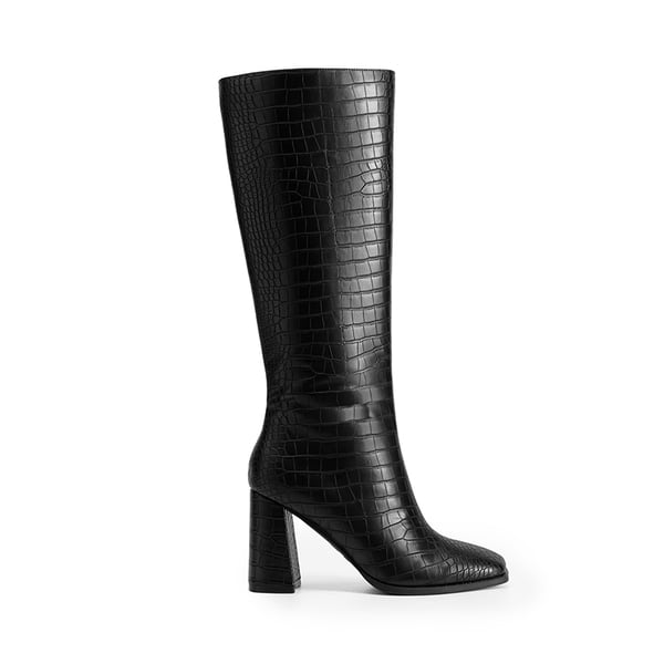 Square Toe Block Heel Knee-high Boots - BLACK-CROCO - 3