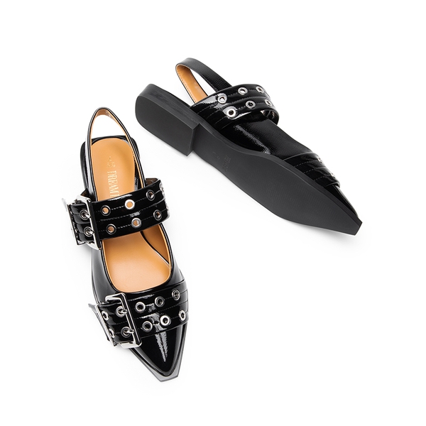 Pointed-toe Buckle Slingback Flats - BLACK - 5